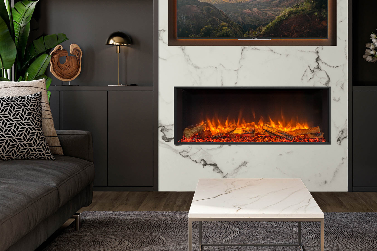 Electric fire in living room housed in classic media wall